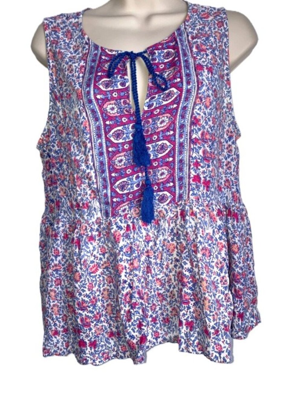 LUCKY BRAND Sleeveless Floral Boho Top in Pink, Blue & White Womens Medium